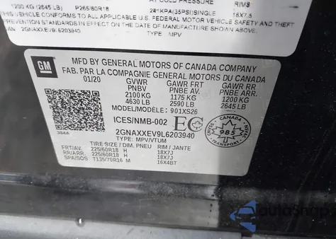 2020 Chevrolet Equinox Awd Premier 1.5L Turbo from USA, damaged, VIN 2GNAXXEV9L6203940